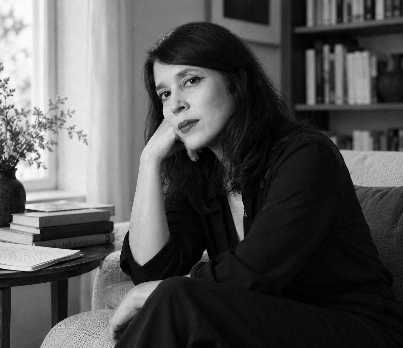 Black and white portrait of Cybele Peña seated beside a bookshelf, resting her chin on her hand.